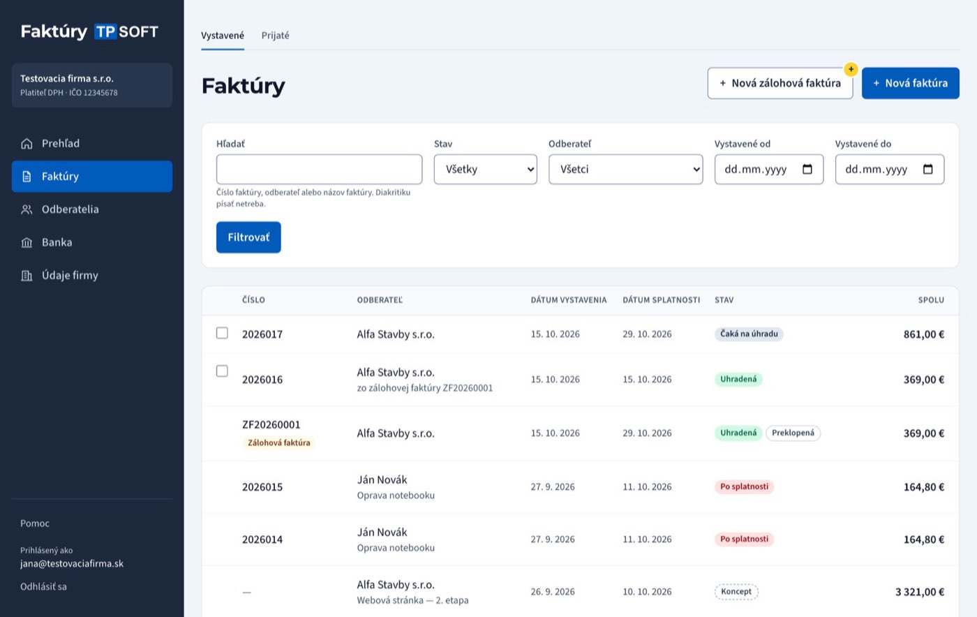 Faktúry TP SOFT – zoznam faktúr s filtrami a stavom úhrady