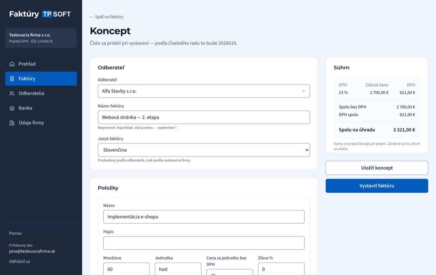 Faktúry TP SOFT – formulár faktúry so súhrnom DPH, ktorý sa prepočítava pri písaní
