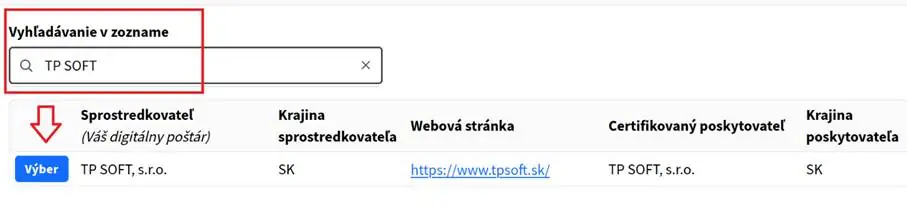 Portál Výber poskytovateľa digitálnej schránky na stránke Finančnej správy