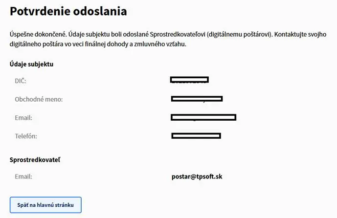 Potvrdenie odoslania údajov subjektu digitálnemu poštárovi TP SOFT